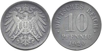ГЕРМАНИЯ 10 ПФЕННИГОВ 1920 KM 26, J. 299 цинк 4401-147