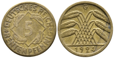 ГЕРМАНИЯ 5 РЕНТЕНПФЕННИГОВ 1924 G KM 32, J. 308 алюминиевая бронза 39-525