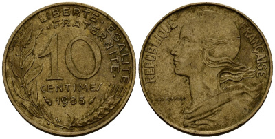 Франция 10 сантимов 1985 тип Марианна KM 929, LE FRANC 144.25 медь алюминий никель 4138-352