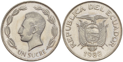 ЭКВАДОР 1 СУКРЕ 1988 АНТОНИО ХОСЕ де СУКРЕ KM 89 сталь плакированная никелем UNC 66-918