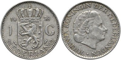 Нидерланды 1 гульден 1958 Юлиана (1948-1980) KM 184 серебро 413-3643