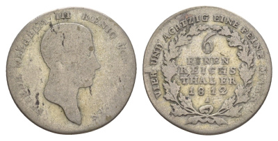 Пруссия 1/6 рейхсталера 1812 A, Фридрих Вильгельм III (1797-1840) KM 385 серебро 4619-236
