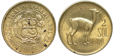 Перу 1/2 соля 1974 альпака KM 260 латунь aUNC 4605-453