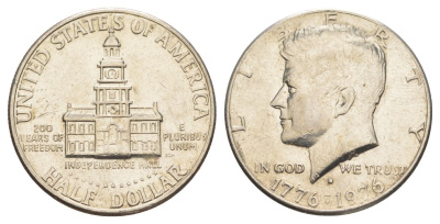 США 1/2 доллара (50 центов) 1976 D, 200 лет независимости, Джон Кеннеди KM 205 медь плакированная медно-никелем aUNC 4545-1111