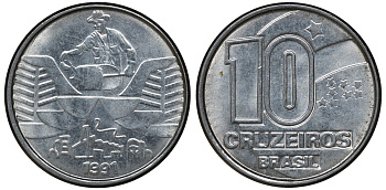 БРАЗИЛИЯ 10 КРУЗЕЙРО 1991 KM 618.2 сталь aUNC 72-1712