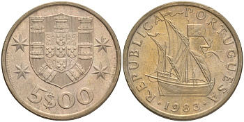 ПОРТУГАЛИЯ 5 ЭСКУДО 1983 ПАРУСНИК KM 591 медно-никель 4561-753