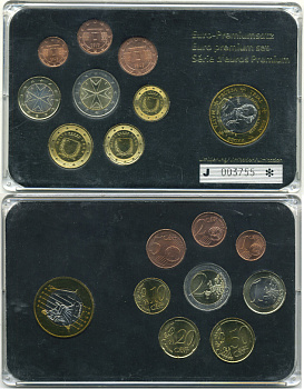 МАЛЬТА ЕВРОНАБОР ИЗ 8 МОНЕТ 2008 ПЛЮС 1 ЕВРО 2004 - ПРОБА БИМЕТАЛЛ В ПЛАСТИКЕ UNC 06-081-35