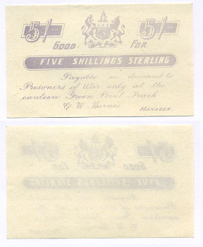 Южная Африка 5 шиллингов стерлингов 1899-1902 оплачивается при предъявлении в столовой лагеря военнопленных Green Point Track, Англо-Бурская война (1899-1902), сиреневая печать   бумага  UNC (пресс) 451-672-1