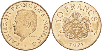 Монако 10 франков 1977 Ренье III (1949-2005) KM 154 медь никель алюминий 190-555