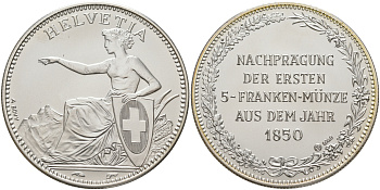 ШВЕЙЦАРИЯ МЕДАЛЬ ND ПОСВЯЩЕННАЯ ВЫПУСКУ ПЕРВОГО ПЯТИФРАНКОВИКА В 1850 ГОДУ, ДИАМЕТР 40 ММ., ВЕС 1 УНЦИЯ серебро UNC 1074-4-33