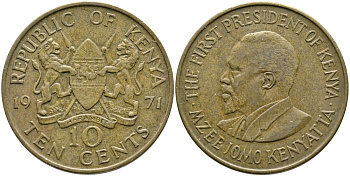Кения 10 центов 1971 Джомо Кениата KM 11 никель латунь 4526-1126