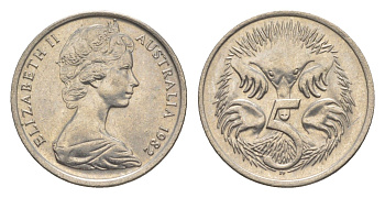 Австралия 5 центов 1982 Елизавета II (1952-2022) молодой портрет, ехидна KM 64 медно-никель 4152-723