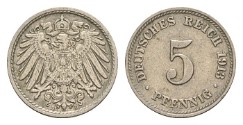 Германия 5 пфеннигов 1913 D, Вильгельм II (1888-1918) KM 11, J.12 медно-никель 4644-1067