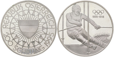Австрия 200 шиллингов 1995 100 лет Олимпийским играм - лыжный спорт KM 3027 серебро PROOF 4044-534