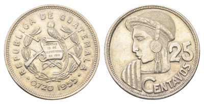 Гватемала 25 сентаво 1955 KM 258 серебро 4127-1423