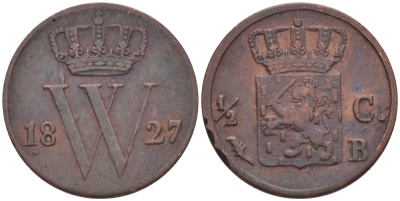 НИДЕРЛАНДЫ 1/2 ЦЕНТА 1827 В KM 51 медь 100-265