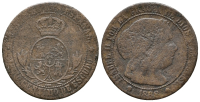 ИСПАНИЯ 1/2 СЕНТИМО 1868 ОМ, КОРОЛЕВА ИЗАБЕЛЛА II (1833-1868), 7 ЛУЧЕЙ В ЗВЕЗДЕ KM 632.5 (Y36.5) бронза 100-1263