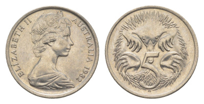 Австралия 5 центов 1982 Елизавета II (1952-2022) молодой портрет, ехидна KM 64 медно-никель 4152-723
