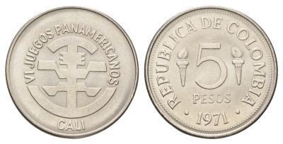 Колумбия 5 песо 1971 VI Пан-Американские игры в Кали KM 247 медно-никель UNC 4662-624