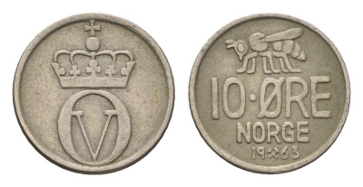 Норвегия 10 эре 1963 Улаф V (1957-1991) KM 411 медно-никель 4702-268