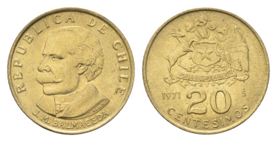 Чили 20 сентесимо 1971 KM 195 алюминиевая бронза UNC 4689-141