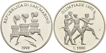 Сан-Марино 1000 лир 1992 XXV летние Олимпийские игры в Барселоне 1992 года, легкая атлетика KM 277 серебро PROOF 1096-4-32