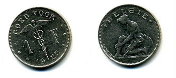 БЕЛЬГИЯ 1 ФРАНК 1922 BELGIE KM 90 никель UNC 58-1236