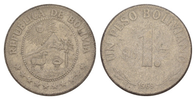 Боливия 1 песо 1969 KM 192 сталь плакированная никелем 4628-421