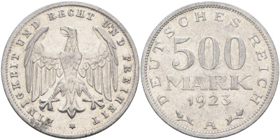 Германия 500 марок 1923 А KM 36, J.305 алюминий 4587-524