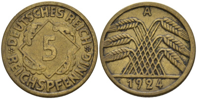 Германия 5 рейхспфеннигов 1924 A KM 39, J. 316 алюминиевая бронза 4151-715