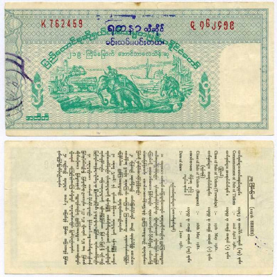 Бирма, лотерейный билет (купон) 1981 номинал 2 кьята, лотерея после независимости бумага 7375-18-4-1