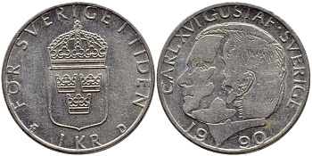 Швеция 1 крона 1990 Карл XVI Густав (1973- ) KM 852a медно-никель 4398-1257