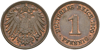 Германия 1 пфенниг 1900 D, Вильгельм II (1888-1918) KM 10, J. 10 медь 4608-567
