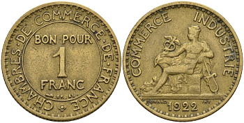Франция 1 франк 1922 KM 876, Le Franc 218.5 алюминиевая бронза 4142-624