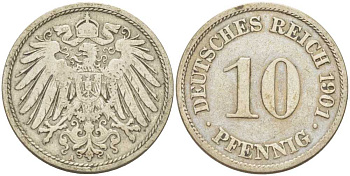 Германия 10 пфеннигов 1901 A KM 12, J. 13, Weege 8 медно-никель 259-821