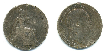 Великобритания 1 пенни 1909 Эдуард VII (1901-1910) KM 794.2, Spink 3990 бронза 54-2237