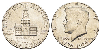 США 1/2 доллара (50 центов) 1976 D, 200 лет независимости, Джон Кеннеди KM 205 медь плакированная медно-никелем aUNC 4545-942
