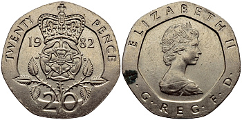 Великобритания 20 пенсов 1982 Елизавета II (1952-2022) KM 931, Spink 4230 (G1) медно-никель 51-2544
