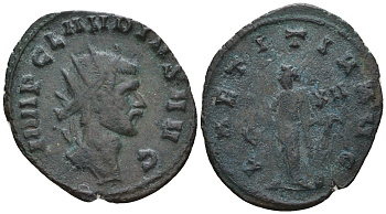 Римская Империя антониниан 270 Клавдий II Готский, IMP CLAVDIVS AVG, бюст императора / LAETITIA AVG, Летиция, персонификация Веселья, Рим RIC 56 биллон 1073-25-24