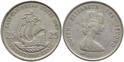 Восточно-Карибские штаты 25 центов 1987 Елизавета II (1952-2022), парусник KM 14 медно-никель 87-836