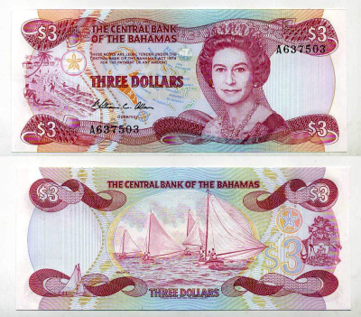 Багамские острова 3 доллара 1974 (1984) Елизавета II (1952-2022), парусники Pick 44 a бумага UNC (пресс) 6293-48-1-1