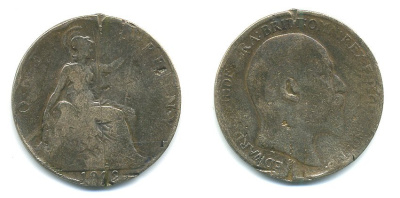 Великобритания 1 пенни 1909 Эдуард VII (1901-1910) KM 794.2, Spink 3990 бронза 54-2237