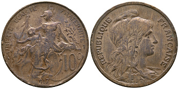 Франция 10 сантимов 1917 тип Даниэль Дюпюи KM 843, LA FRANC 136.29 бронза 08-1226