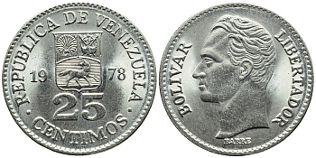 Венесуэла 25 сентимо 1978 Симон Боливар KM 50.1 никель 4392-961