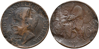 Италия 10 чентезимо 1937 R, пчела, Виктор Эммануил III (1900-1946) KM 60 бронза 4171-851