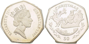 Гибралтар 50 пенсов 1997 CHRISTMAS, САНТА КЛАУС В САНЯХ, Елизавета II (1952-2022), запайка KM 606 медно-никель UNC 00-00