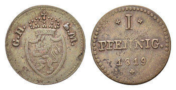Гессен-Дармштадт 1 пфенниг 1819 Людвиг I (1790-1830) KM 280, AKS 95 медь 4658-957