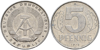 ГДР 5 пфеннигов 1975 A KM 9.1 алюминий 218-1122