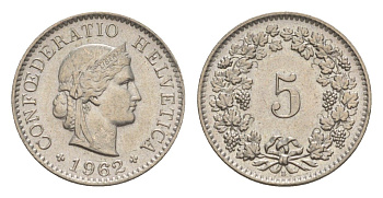 Швейцария 5 раппенов 1962 B KM 26 медно-никель 4611-768