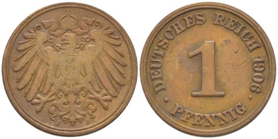 ГЕРМАНИЯ 1 ПФЕННИГ 1906 J KM 10, J. 10, Weege 2 медь 211-347